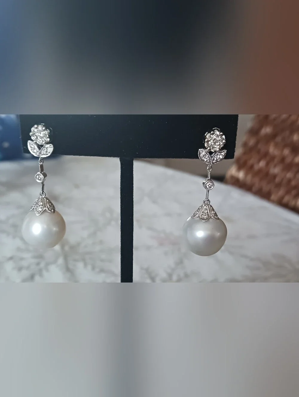 14mm White Tahitian  Pearl Drop Earrings  14k - White Gold Earring .50 White Dia